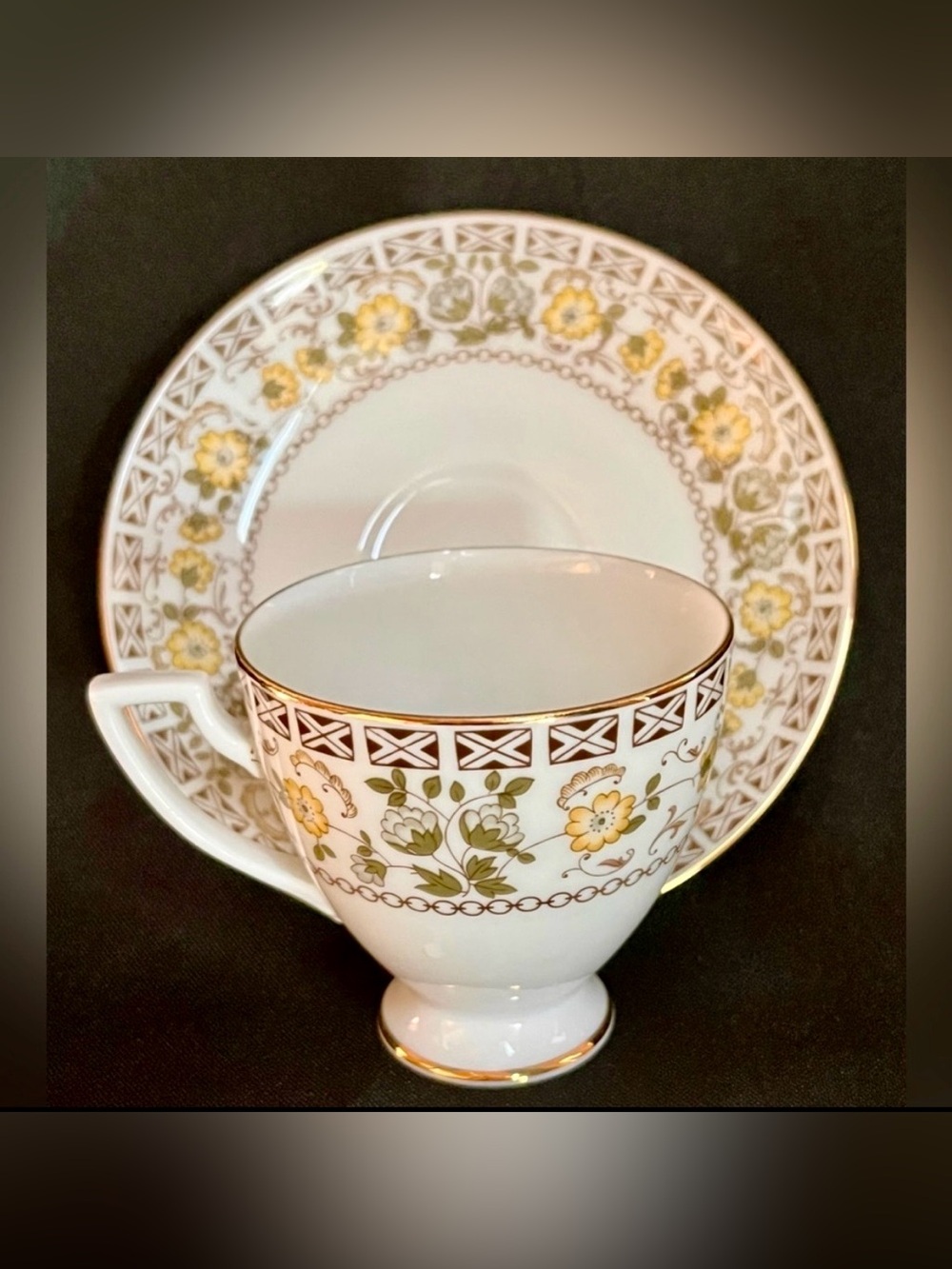 Royal Tettau Kenilworth Vintage Cup Saucer Yellow Floral Gold Cottagecore China